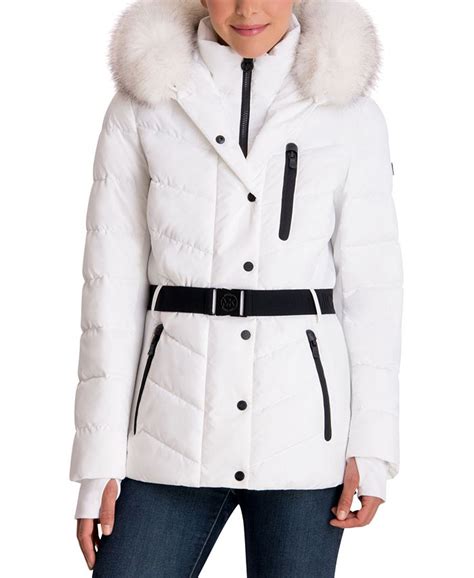 michael kors insulated winter jacket with fur hood bottons kids|Faux Fur Trim Ciré Belted Parka .